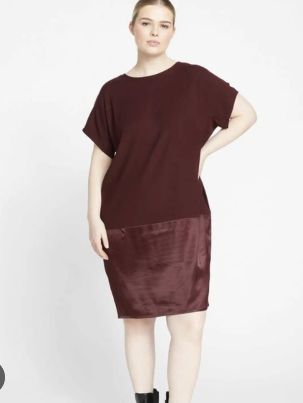 Universal Standard Shift Dress in Burgundy Mixed Fabric Short Sleeve S 14/16 NWT